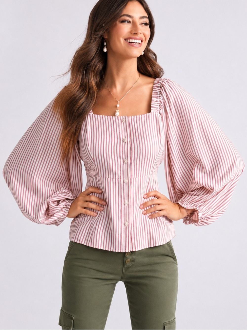 CAbi Carnival Top Red & White Stripe Long Puff Sleeve Peplum Small